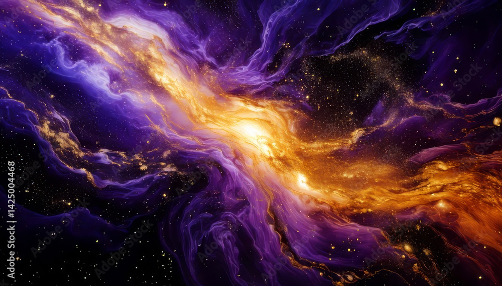Wall mural mesmerizing abstract galaxy with swirling purple and gold colors creates cosmic texture, evoking sen