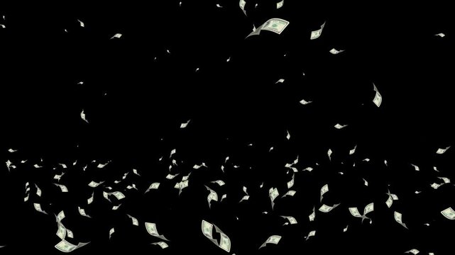 Money rain falling down, Rotating Dollar Bill on green screen, money fall animation effect black screen overly, 100 Dollar Bills black Screen. 3D Animation Money Rain, 100 USD