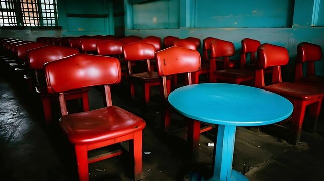 An old classroom environment featuring rows of red chairs and a blue table evokes nostalgia