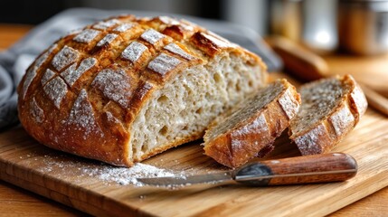 A beautifully baked round loaf of bread sits on a wooden cutting board, with slices cut to reveal its airy texture. Flour dust lightly covers the surface, creating a warm, inviting atmosphere.