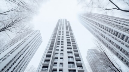 Fototapeta premium Modern high-rise buildings in a city, seen from a ground level perspective, looking upwards. The buildings are light colored, and trees are visible around the base of the structures