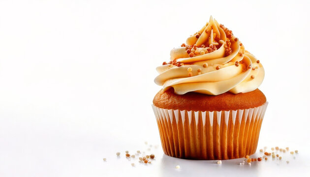 delicious cupcake with frosting and sprinkles is isolated on white background, showcasing its sweet and tempting appearance