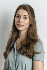 Fototapeta premium Serene Portrait of a Young Woman in Her Early Twenties, with Long Brown Hair and a Sage Green Blouse, Exuding Calmness and Professionalism against a Clean White Background.