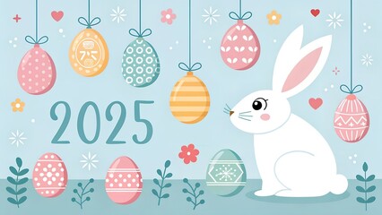 Happy Easter card featuring a cute cartoon bunny with spring flowers and colorful eggs for a fun holiday celebration