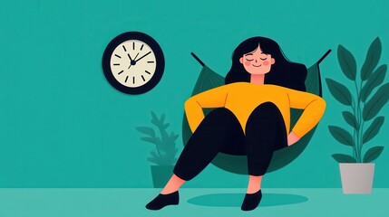 a relaxed person lying in a hammock with a slow-moving clock in background, happy in relaxed time and slow productivity