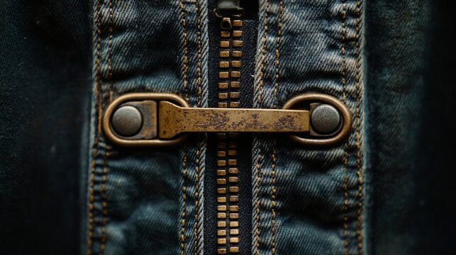 Closeup of distressed denim jacket zipper and brass slider