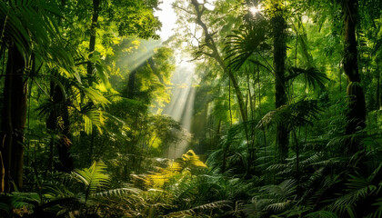 Obraz premium Sunlight beams filter through dense tropical rainforest canopy, illuminating lush green foliage and creating serene atmosphere