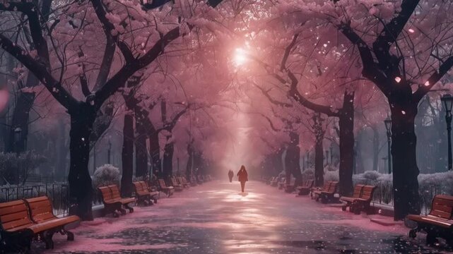 People walking under pink cherry blossom trees in spring park at sunrise with falling petals. Seamless looping 4k time-lapse animation video background. Nature season concept