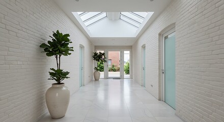 A unique perspective of an all white room with plants and skylights looking up from below view