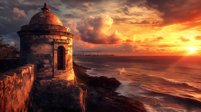 Surreal sunset over old san juan fortress turret, puerto rico. Ethereal Watchtower. Illustration