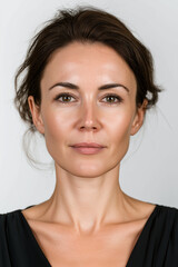 Serene Gaze: Portrait of a Woman in Her Late 20s,  with Soft, Natural Makeup and a Relaxed Expression,  Her Dark Brown Hair Pulled Back in an Uncomplicated Updo.