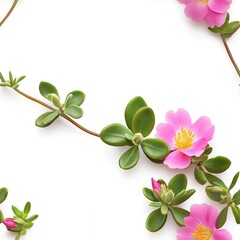 Fototapeta premium Pink Purslane Flowers and Green Leaves on White Background Close Up