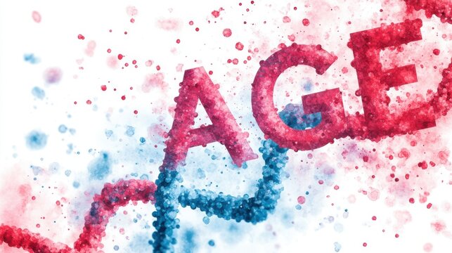 The word "AGE" with a DNA background symbolizes how strong genes contribute to longevity and good health. Science and research related to anti-aging and life extension.