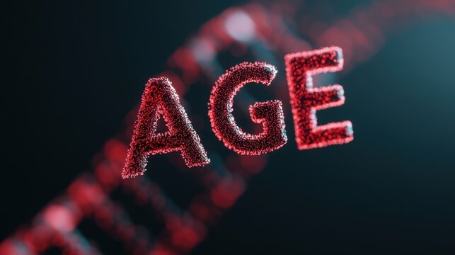 The word "AGE" with a DNA background symbolizes how strong genes contribute to longevity and good health. Science and research related to anti-aging and life extension.