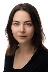 Fototapeta premium Serene Gaze: Portrait of a Woman in Her Early Twenties with Shoulder-Length Brown Hair, Neutral Expression, and Soft Lighting