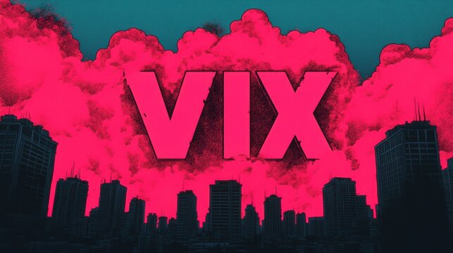 The word "VIX" in the center of the image with a background of trade war and economic warfare, representing the fear index and extreme stock market volatility.