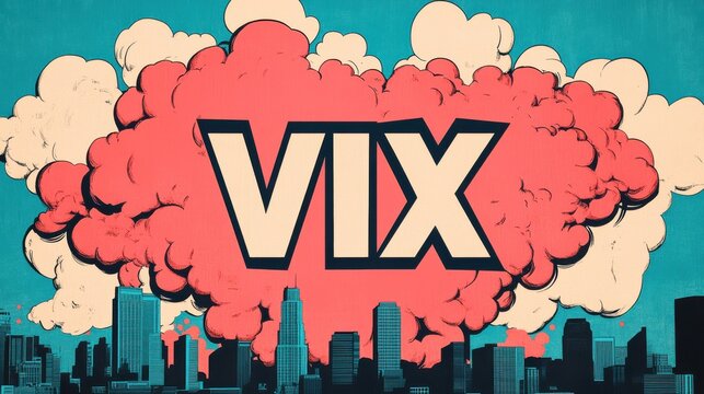 The word "VIX" in the center of the image with a background of trade war and economic warfare, representing the fear index and extreme stock market volatility.