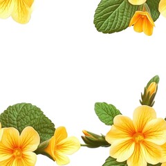 Obraz premium Delicate Yellow Primrose Flowers with Green Leaves Botanical Illustration