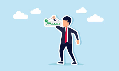 businessman holding a hanging tag labeled available, illustration of availability to fulfill various needs in business operations and customer service