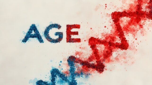 The word "AGE" with a DNA background symbolizes how strong genes contribute to longevity and good health. Science and research related to anti-aging and life extension.