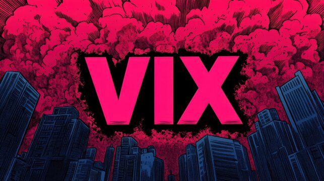 The word "VIX" in the center of the image with a background of trade war and economic warfare, representing the fear index and extreme stock market volatility.