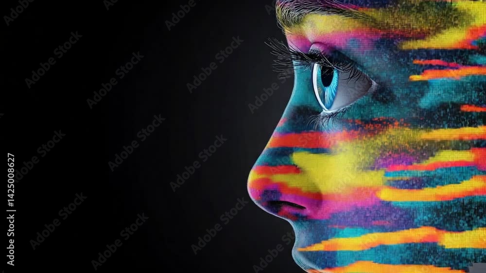 Poster portrait of a person with vibrant digital patterns and creative colorful visual effects on the face