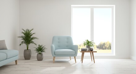 A bright room with a blue chair plants and a window creating a minimalist interior design