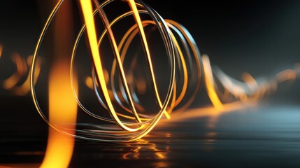 Abstract composition of glowing lines and circles creating dynamic visuals in a dark setting, showcasing vibrant energy and movement in a contemporary design