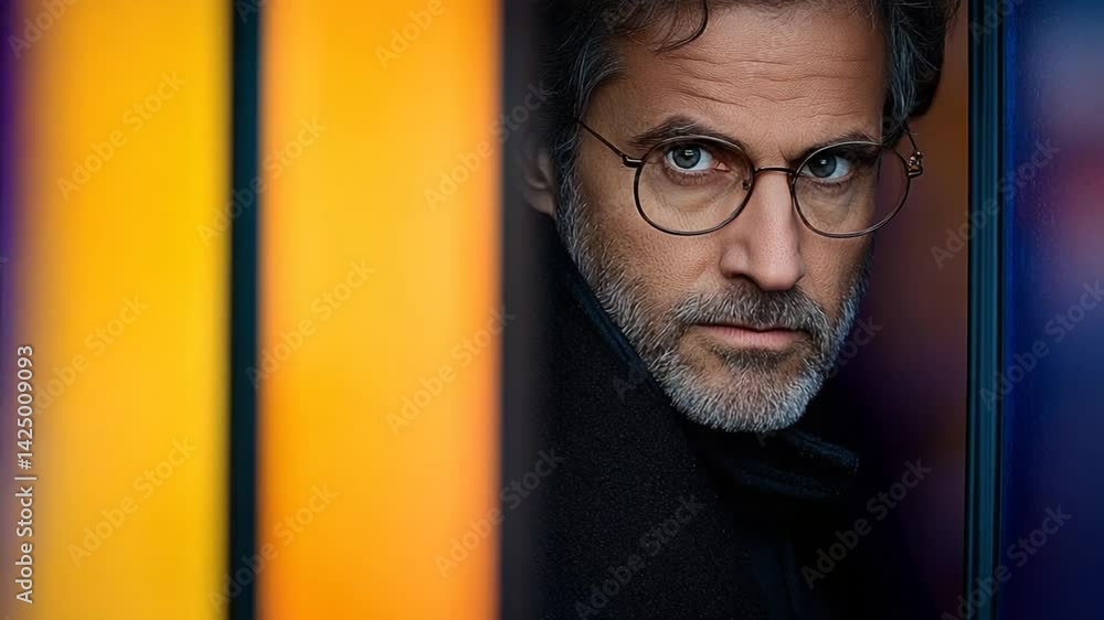 Poster introspective portrait of a man with glasses framed by colorful shadows and a thoughtful expression