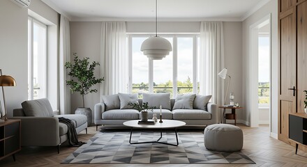 Fototapeta premium A bright living room with a gray sofa, a round table, and a patterned rug in a modern apartment