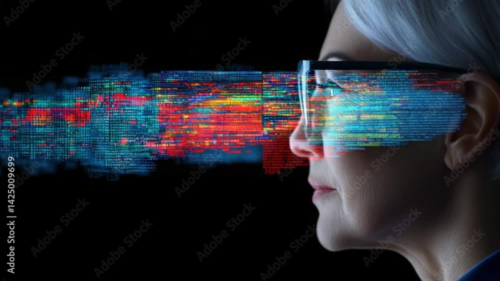 Poster woman in futuristic glasses observing digital data streams and virtual interface with vibrant visual