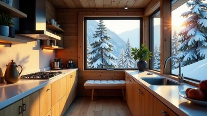 Serene mountain view kitchen with wooden cabinetry and winter wonderland scenery