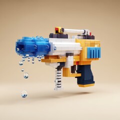 Fototapeta premium Colorful toy water gun made with building blocks, floating bubbles and modern design for kids, summer fun, outdoor play, and more