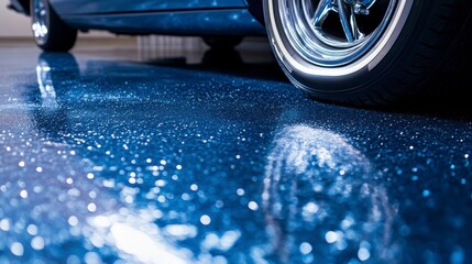 Close-up of a classic car's wheel and tire reflecting on a shiny, metallic blue epoxy floor.