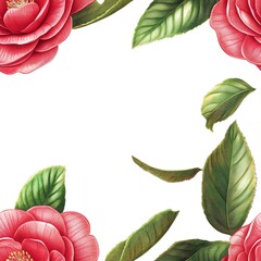 Obraz premium Vintage Style Red Camellia Flower and Green Leaves Frame on White