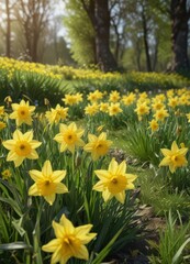 Fototapeta premium Sunlit daffodils burst forth in vibrant yellow against a lush green meadow , nature photography, fresh