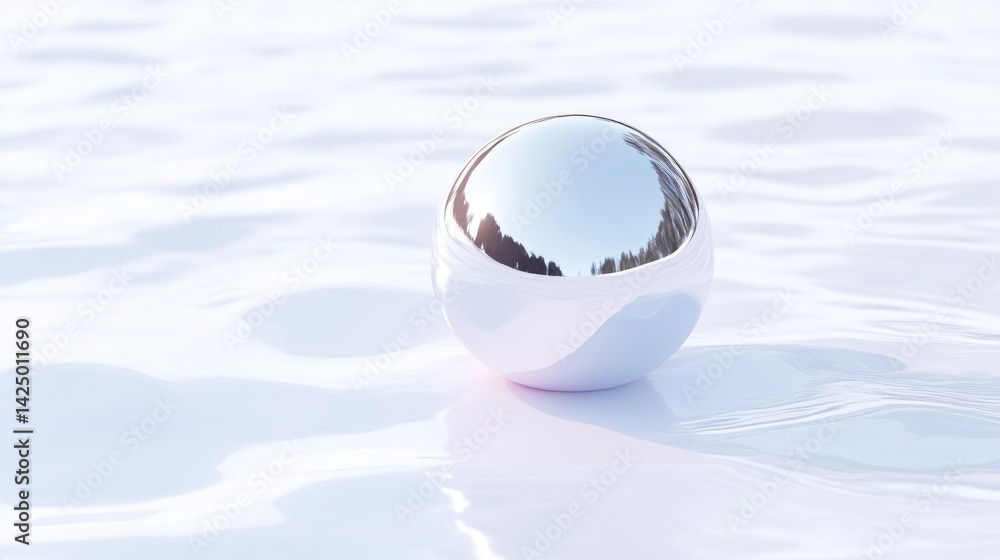 Poster chrome sphere on liquid surface minimalist style high-resolution rendering close-up view reflective 
