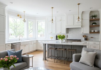 Fototapeta premium A bright kitchen with a central island and seating area featuring white cabinets and hardwood floors