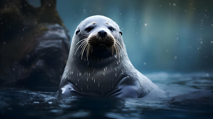 Fototapeta premium Wet Seal in Dark Water at Night