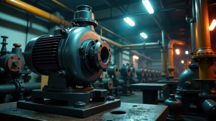 Industrial Machinery in a dimly lit facility, showcasing a powerful pump and motor system amidst a network of pipes and other equipment.