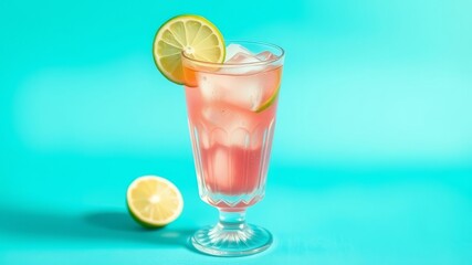 Refreshing Pink Summer Cocktail with Lime Garnish in Glass Cool Iced Drink
