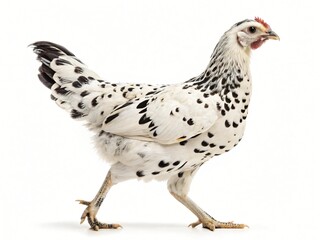 Fototapeta premium White and Black Speckled Hen Walking Poultry Farm Animal Isolated Studio Shot