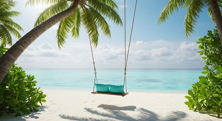 Tropical Beach Swing with Turquoise Sea and Palm Trees