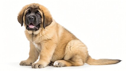 Obraz premium Adorable Fluffy Leonberger Puppy Sitting Studio Shot White Background