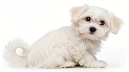 Obraz premium Adorable White Maltese Puppy Sitting Fluffy Fur Cute Dog Pet Portrait