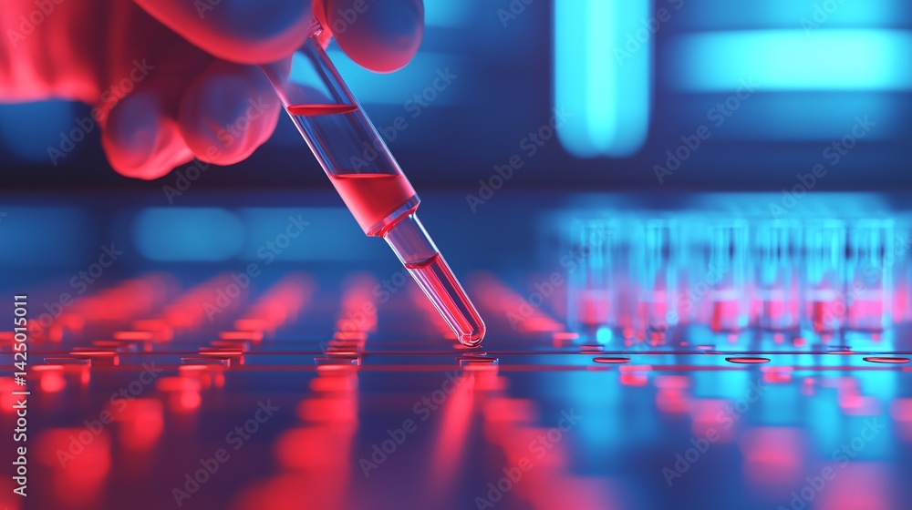 Poster gloved hand using pipette to dispense red liquid in a modern lab setting with test tubes