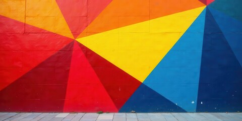 Fototapeta premium Vibrant Geometric Mural on a Brick Wall, Featuring Bold Hues of Red, Yellow, and Blue, Creating a Striking Visual Display of Abstract Shapes and Colors, Ideal for Backgrounds and Design Projects