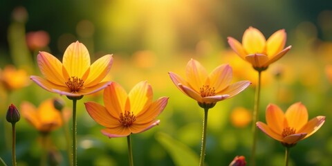 Obraz premium Golden Hour Blooms A Serene Field of Delicate, Sunlit Flowers Basking in Warm Light
