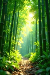 Fototapeta premium Sunlit Path Through a Lush Bamboo Grove, Tranquil and Serene Natural Scene