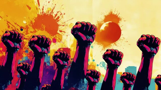 Colorful Raised Fists Vibrant Protest of Unity and Strength, Showcasing Resilience and Determination Against Oppression with Abstract Splashes of Empowerment and Activism.